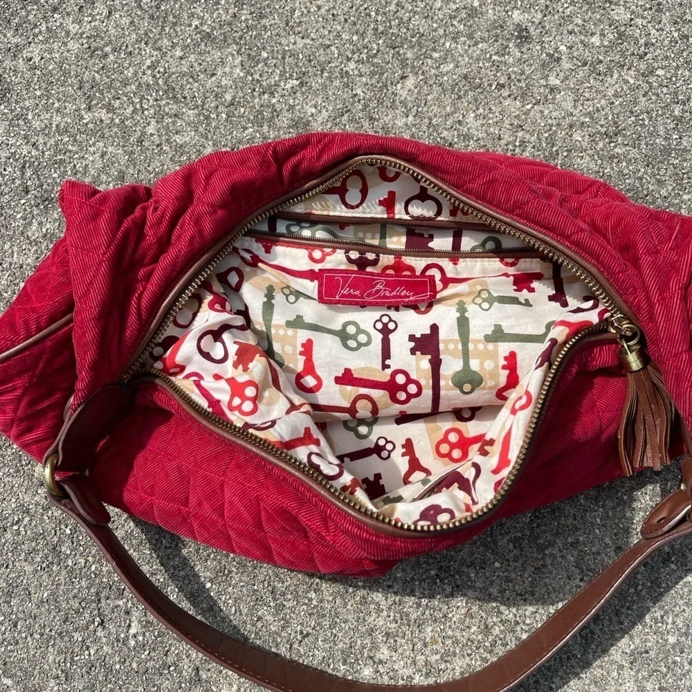 Retired Vera Bradley Red Corduroy Brown Leather Hobo Handbag Purse